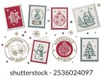 Advent calendar, Christmas Stamps, mail, postcard hand drawn illustrations.