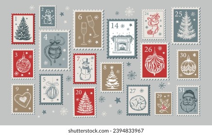 Advent calendar, Christmas Stamps, mail, postcard hand drawn illustrations.