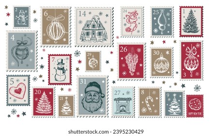 Advent calendar, Christmas Stamps, mail, postcard hand drawn illustrations.