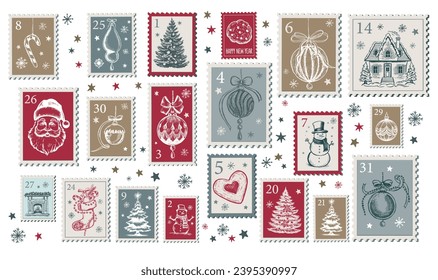 Advent calendar, Christmas Stamps, mail, postcard hand drawn illustrations.