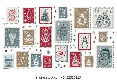 Advent calendar, Christmas Stamps, mail, postcard hand drawn illustrations.	
