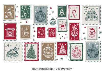 Advent calendar, Christmas Stamps, mail, postcard hand drawn illustrations.	