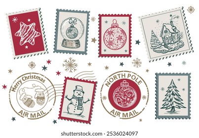 Advent calendar, Christmas Stamps, mail, postcard hand drawn illustrations.