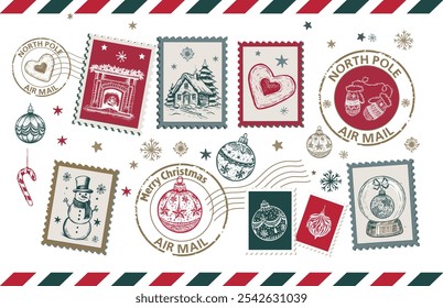 Advent calendar, Christmas Stamps, mail, postcard hand drawn illustrations.	