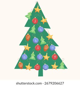 Adventskalender, Weihnachtsbaum mit Dekor, Broschürendesign, Weihnachtsdekoration, flacher Vektor auf weißem Hintergrund, einzeln