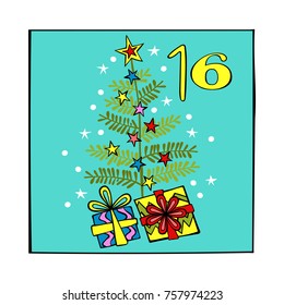 Advent calendar. Christmas tree. Presents. 16. Isolated vector objects on white background.