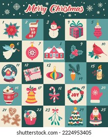 Advent calendar. Christmas vector illustration. Retro style