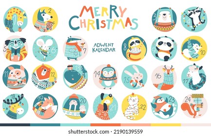 Advent calendar. Christmas winter animal characters in simple hand drawn scandinavian style. A colorful childish cartoon in a colorful festive palette. Vector illustration