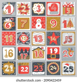 Advent calendar of Christmas or Xmas winter holiday. Vector countdown to Christmas with numbers, Santa gifts, Xmas tree decorations and snowman, reindeer, present box, snow and house, hand drawn cards