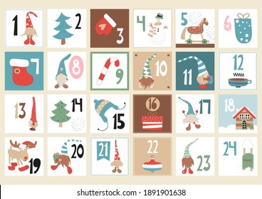 Advent calendar with cite scandinavian gnomes. Vector illustration. Landscape format.