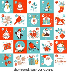 Advent Calendar Clipart. Christmas Vector Illustration, 25 Days, Toys, Christmas Tree, Penguin, Hot Chocolate, Snowman, Bell, Cake, Gingerbread Cookies, Cardinal Bird, Sock, Bullfinch, Presents, Santa