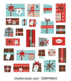 advent calendar. Collection of vector colorful Christmas present boxes. Holiday seamless pattern.