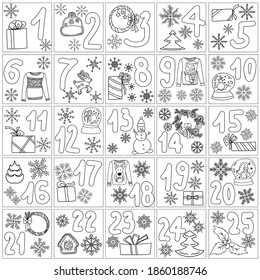 Advent calendar coloring page for christmas, cute doodle christmas symbols in windows from 1 to 25, contour festive tree, wreath, sweater and snowflakes and dates for the holiday 