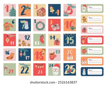 Calendario de Adviento. Calendario colorido con etiquetas de regalo. Acogedoras ilustraciones de invierno. Adorno de Navidades con Santa, abeto, chucherías y regalos. 