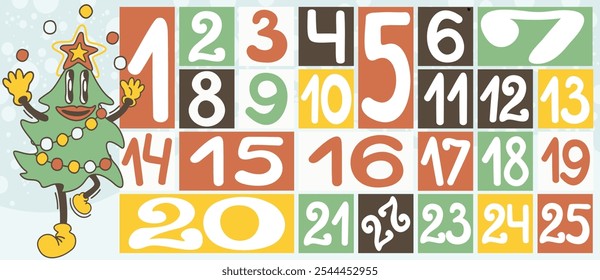 Advent calendar. Countdown to Christmas decorated with retro cartoon groovy Christmas tree.