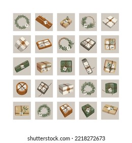 Calendario anticipado, cuenta regresiva. Regalos de Navidad en papel kraft, coronas, 25 días. Caja de regalo rústica. Decoración hecha a mano, DIY. Navidad, preparación para la celebración de Año Nuevo. Estilo de dibujos animados planos vectoriales