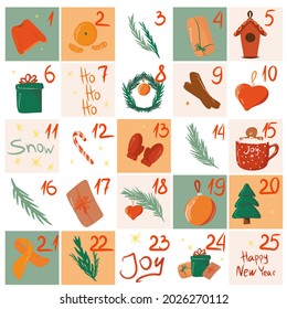 Advent calendar with cozy winter elements, huggies, Christmas collection of icons and stickers, cartoon and flat style, sweater, gift boxes, Christmas tree, hot drink, detering, Christmas toys