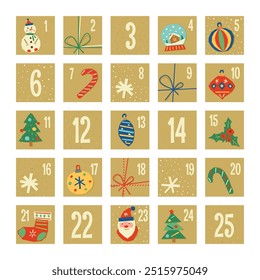 Advent calendar cut out of colored paper children's crafts. New Year and Christmas. Vector stock illustration.