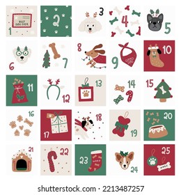 Advent calendar. Cute cartoon dogs of different breeds and Christmas decorations, candy, gifts, garlands, cookies, bone. Festive vector illustration - dog on winter holidays in flat style. 