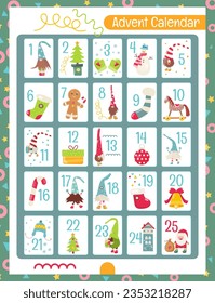 Advent calendar with Cute Christmas Gnomes. Vector illustration. Page for Christmas Activity book for Kids.