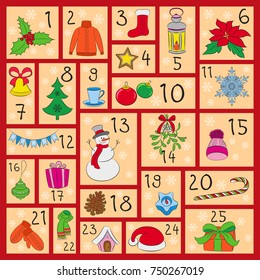 Advent calendar. Cute Christmas, winter and New Year symbols. Hand drawing style. Doodles vector poster. Used for printing, greeting card, banner.
