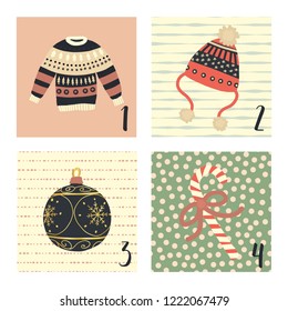 Advent calendar with cute hand drawn vector holiday Christmas illustrations for December 1st - 4th. Ugly christmas sweater, hat, ornament, candy cane. For poster, blog, web banner, Christmas countdown