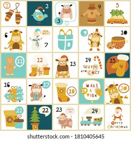 Advent calendar with cute scandinavian bulls, Santa Claus, Christmas elements. Symbol of 2021 year - funny ox. Vector illustration.