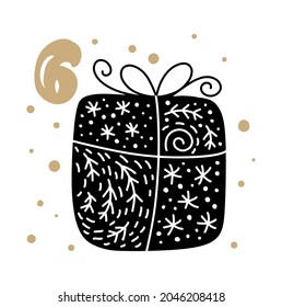 Advent calendar with cute scandinavian hand drawn vector. Twenty-four days before Christmas. Sixth Day. Winter Illustration of Gift.