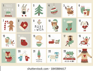 Advent calendar with cute scandinavian woodland animals, Santa Claus, Christmas elements. Printable vector illustration.