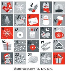 Advent calendar with cute white tiger, symbol of 2022 year and other Christmas element. Vector illustration in hand drawn scandinavian childish style