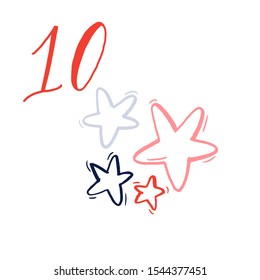 Advent calendar, day 10. Cute hand drawn illustration, large handwritten number on white background. Christmas card design. Three shiny stars drawing.