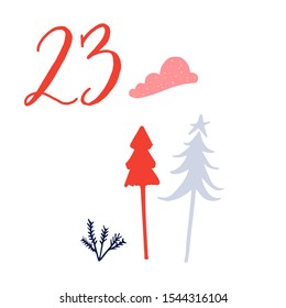 Advent calendar, day 23. Cute hand drawn illustration, large handwritten number on white background. Christmas card design. Winter forest scene, pastel pink and blue colors.