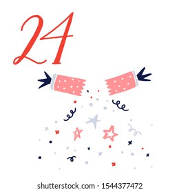 Advent calendar, day 24. Cute hand drawn illustration, large handwritten number on white background. Christmas card design. Festive cracher with confetti, holidays art.