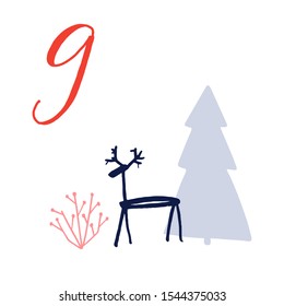 Advent calendar, day 9. Cute hand drawn illustration, large handwritten number on white background. Christmas card design. Minimalistic drawing of deer, spruce tree and winter bush.