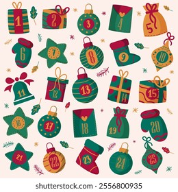 Advent Calendar - Days of December, number from 1 to 31 to celebrate Advent, for the end of year celebrations - End of year motifs and objects. Gift, Christmas ball, slipper, hood, envelope, glove 