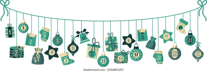 Advent Calendar - Days of December, number from 1 to 31 to celebrate Advent, for the end of year celebrations - End of year motifs and objects. Gift, Christmas ball, slipper, hood, envelope, glove - 