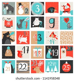 Advent Calendar. December Countdown Calendar Vector Illustration, Christmas Eve Creative Winter Cartoon Background Set With Numbers