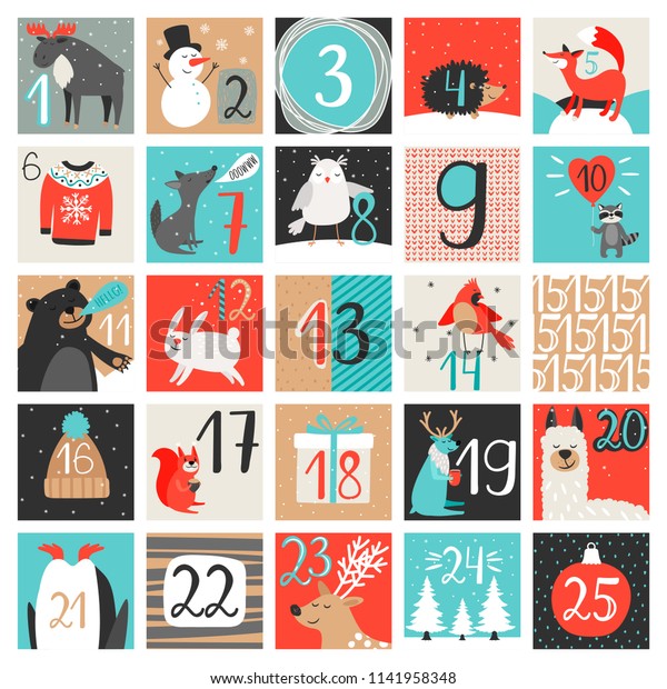 降臨節カレンダー 12月のカウントダウンカレンダーベクターイラスト クリスマスイブのクリエイティブな冬の漫画の背景に数字 のベクター画像素材 ロイヤリティフリー