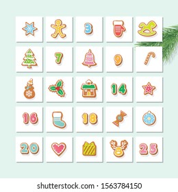 Advent calendar, decorated with gingerbread cookies. Countdown to Christmas. Included sweet numbers from 0 to 25. Cute cartoon characters. Vector illustration