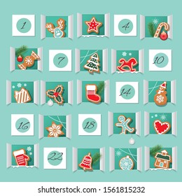 Advent calendar, decorated wirh gingerbread cookies. Countdown to Christmas. Vector illustration