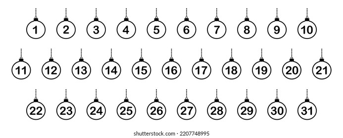 elementos de diseño de calendario avanzado, bolas de navidad colgantes con 31 números, icono de vector de línea negra simple conjunto para la cuenta regresiva de año nuevo