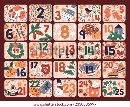 Advent calendar design for winter holiday. Christmas eve countdown, december cards with day numbers. Xmas and New Year planner, noel decoration, festive stickers for gifts. Flat vector illustration