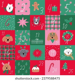 Advent calendar with Dogs. Cute cartoon Christmas dogs - vector prin in flat style. Holidays pet in Christmas hat, pattern and design elements