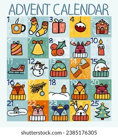 advent calendar doodle with animals vector background