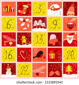 Advent calendar in doodle style. Christmas illustration.
