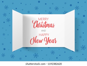Advent Calendar Doors opening with snowflakes. Greeting Card. Merry Christmas and Happy New Year lettering, vector illustration