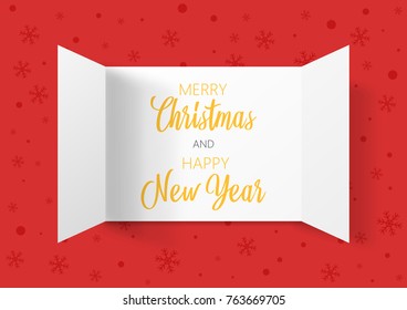 Advent Calendar Doors opening with snowflakes. Greeting Card. Merry Christmas and Happy New Year lettering, vector illustration