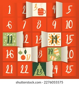 Advent calendar with doors. Symbol of New Year and Christmas. Gift and present, surprise for holidays, events and festivals. Calendar with sweets or presents. Cartoon flat vector illustration