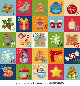 Advent calendar featuring 25 festive squares with a Christmas themed object such as mittens, ornaments, and holiday treats. For seasonal project, greeting card, and holiday decoration.