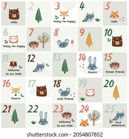 advent calendar with forest animals, vector illustration 